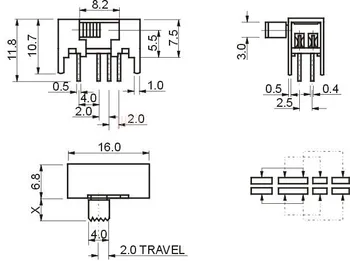 10vnt x 50V DC 0.5 A DP3T 2P3T PCB Mini Horizontalus Pastumkite Jungiklį SK23D05-G4/5/9 8 Pin 3 Pozicijos