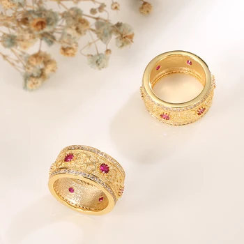 Kinel Naujų Mados Dubajaus Aukso Boho Žiedas dviejų eilių Micro-vaško Apdaila Gamtos Cirkonis Žiedai Moterų Vestuves Fine Jewelry