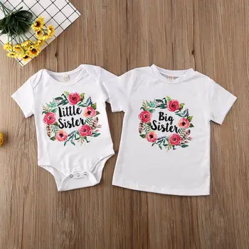 0-7Y Big & seselė Atitikimo Viršūnių Baby Girl Gėlių Raštas Trumpas Rankovės Bodysuit Vaikiški marškinėliai Tee Vasaros Medvilnės Drabužius