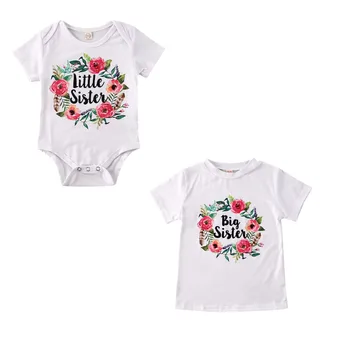 0-7Y Big & seselė Atitikimo Viršūnių Baby Girl Gėlių Raštas Trumpas Rankovės Bodysuit Vaikiški marškinėliai Tee Vasaros Medvilnės Drabužius