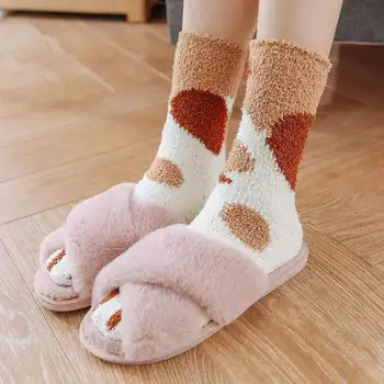 1 pora pliušinis koralų vilnos kojinės moterų vamzdis kojinės rudenį ir žiemą katės nagai mielas storas šiltas miega grindų miegoti kojinės panele