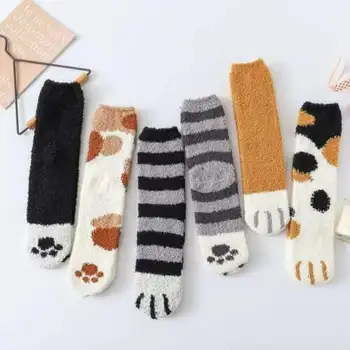 1 pora pliušinis koralų vilnos kojinės moterų vamzdis kojinės rudenį ir žiemą katės nagai mielas storas šiltas miega grindų miegoti kojinės panele