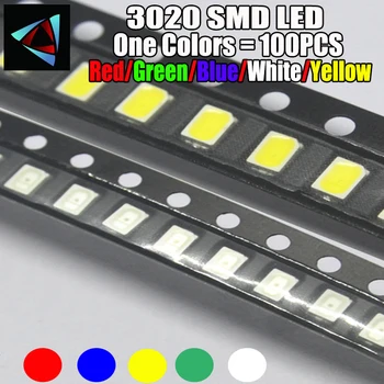 100VNT 3020 SMD LED šviesos diodas smd Raudona Geltona Mėlyna Žalia Balta Šilta Rausva Oranžinė šalta 3.0*2.0*1.6 MM, super šviesus