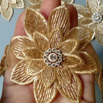10x Aukso 7x7cm 3D Medvilnės Pearl Gėlių Išsiuvinėti Nėriniai Apdailos Juostelės Medžiaga Rankų darbo 