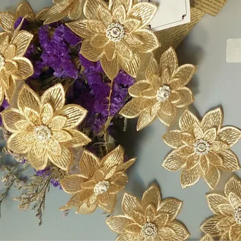 10x Aukso 7x7cm 3D Medvilnės Pearl Gėlių Išsiuvinėti Nėriniai Apdailos Juostelės Medžiaga Rankų darbo 