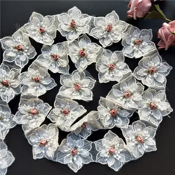 10X White Pearl Rose Gėlių Siuvinėtų Nėrinių Apdaila Aplikacijos Apdailos Juostelės Audinio Siuvimo Amato Rankų darbo Vestuvių Dekoravimas