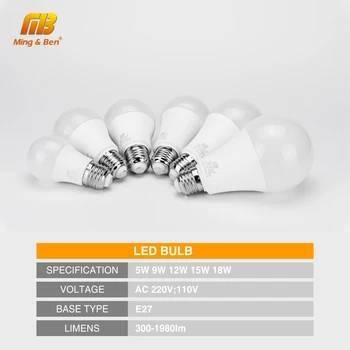 110V, 220V LED Lempos Lemputė 5W 9W 12W 15W 18W E27 LED Lemputės Smart IC Realios Galios, Aukšto Ryškumo Lampada LED Bombilla Apšvietimas