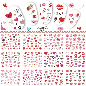 12 Dizaino Valentino Nagų Lipdukai Širdies Rožių Raudonų Lūpų Dovanos Vandens Perdavimo Lipdukai, Papuošimai Nagų Dailės, Manikiūro TRBN745-780