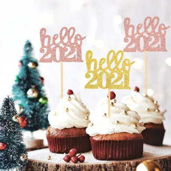 12pcs Rose Gold Sveiki 2021 Skaičius Cupcake Rėžtuvės Laimingų Naujųjų Metų Pyragas Papuošalai Kalėdų, Naujųjų Metų Šaliai Tiekia Navidad