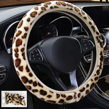 15 Colių Prabangus Leopardas Automobilio Vairo Apima Indų Rinkiniai Universalus Minkštas Pliušinis Žiemos Vairas Automobilio Interjero Priedai