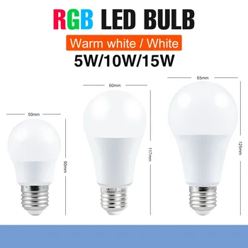 15W Smart Lemputė E27 LED RGB Lempos Spalvinga RGBW Lampada 220V LED Dekoracija Namuose 85-265V RGB+Balta Pritemdomi rgbww Magija Lemputė