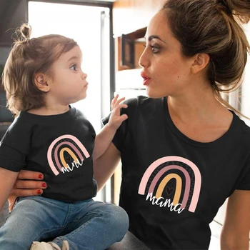1pc Mados Mama ir Mini Vaivorykštė spausdinti Šeimos Atitikimo marškinėliai trumpomis Rankovėmis Šeima Atrodo T-shirts Motina ir Dukra Drabužiai