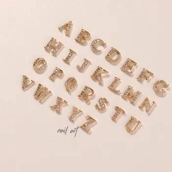 1pcs 3D Aukso Lydinio Cirkonis A-Z 26 lietuvių raides, nagų dailės kristalų, cirkonio brangakmenių nagai priedai 