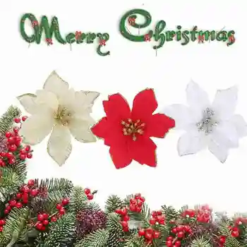 1Pcs Blizgučiai Poinsettia Gėlių Kalėdų Vainikas Medžio Apdaila Kalėdos naujieji Metai Dovanų Šalis Vestuvių Gėlių Girliandas užrašų knygelė