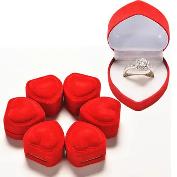 1Pcs Raudona Širdies Formos Romantiška Aksomo Gimtadienio Vestuvinis Žiedas Lange Valentino Diena Žiedą Dovanų Dėžutėje Aksomo Žiedo Dėžutę