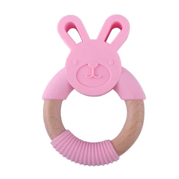 1pcs Silikono Teether Triušis Kramtyti Žiedas Medinių Gyvūnų Chewable Žiedas Žaislas Dantų Slaugos Baby Shower Dovana Naujagimio Jutimo Žaislai