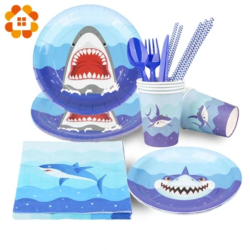 1Set Kūrybos Blue Shark Temą Gimtadienio Dekoracijas, Vaikams, Suaugusiems, Vienkartiniai Indai, Balionai Pompom Baby Shower 