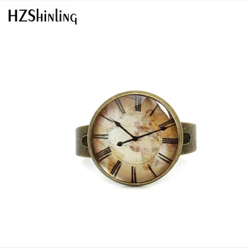2017 Naujas Vintage Stiliaus Laikrodis Žiedas Antikvariniai Žalvario Papuošalai Stiklo Cabochon Žiedas Steampunk Laikrodžiai Reguliuojamas Žiedai Moterims