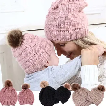 2018 Nauja Mama Beanie Skrybėlių Bžūp Megzti skrybėlę Naujagimiui Mezgimo Soild Medvilnės Mišinys Moterų Šiltas Atitikimo 1PC Mama Hat+1PC Kūdikių Skrybėlę