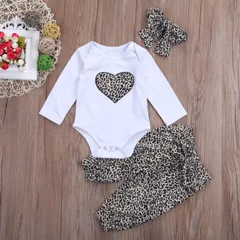 2018 Nauja Mielą Naujagimį Bamblys Kūdikiui Baby Girl Romper +Ilgas Gėlių Kelnės+Lankelis 3Pcs Apranga Leopard Širdies Drabužių Rinkiniai