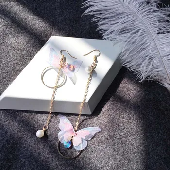 2019 Korėja retro nesimetriškas išskirtinį drugelio imitacija, perlų lydinio ilgus sparnus auskarai moterų-geriausia dovana