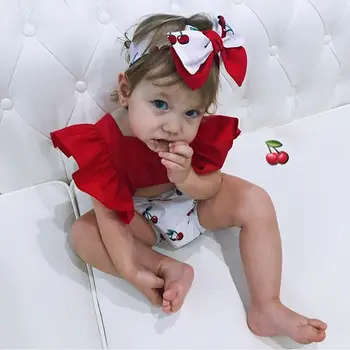 2019 m. Vasarą baby girl drabužiai nustatyti Backless Vyšnių Romper + Lankelis Pynimas Didelis Lankas baby girl drabužiai Naujagimiams Komplektai