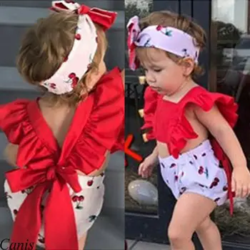 2019 m. Vasarą baby girl drabužiai nustatyti Backless Vyšnių Romper + Lankelis Pynimas Didelis Lankas baby girl drabužiai Naujagimiams Komplektai