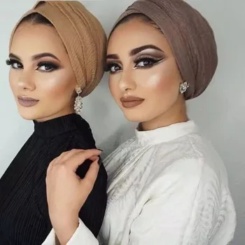 2020 Musulmonų Moterys Klostytas Hijab Kietas Medvilnės Islamo Skarelė Momentinių Skara femme foulard musulman Wrap Hijabs Turbaną