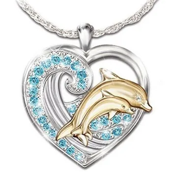 2020 Naujas Mados Meilės Delfinų Kalnų Krištolas Karoliai Moterų Mielas Persikas Širdies Clavicle Grandinės Karoliai Moterų Žavesio Papuošalai Dovana