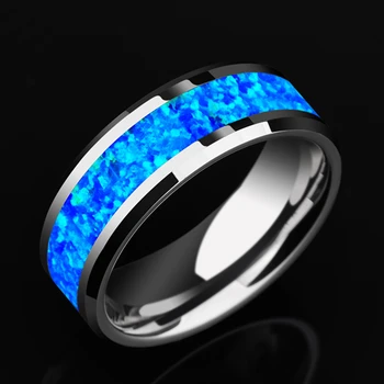 2020 Naujas Prabangus 8mm Volframo Plieno Žiedas Inkrustacijos Blue Opal Vestuvinį Žiedą, Vyrai Niekada Išblėso Dalyvavimo Žada Papuošalai Dovana