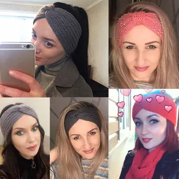 2021 Žiemą Šilčiau Ausies Megzti Lankelis Turbaną Lady Moterų Nėrimo Bowknot Kalnų Krištolas Hairband Headwrap Plaukų Aksesuarai