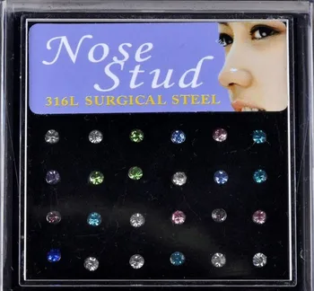 24 vnt/pak 1.8 mm, Nosies žiedų Rinkinys Moterims Mergina Krištolo, Nerūdijančio Chirurginio Plieno Nosies Auskarų Kristalų Nosies Stud Daug Kūno Papuošalai