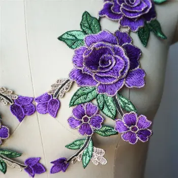 2VNT Purple Rose 3D Gėlėmis Siuvinėta Suknelė Appliques Nėrinių Audinio Apdaila Apykaklės Siūti Lopai Vestuvių Apdailos Suknelė 