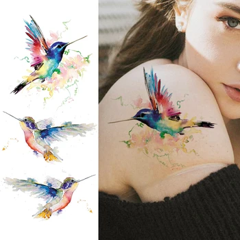 3D Akvarelė Hummingbird Laikina Tatuiruotė Lipdukas Moterų Mados Kūno Menas Rankos Peties Tatuiruotės Suaugusiems Netikrą Vandeniui, Tatuiruotė