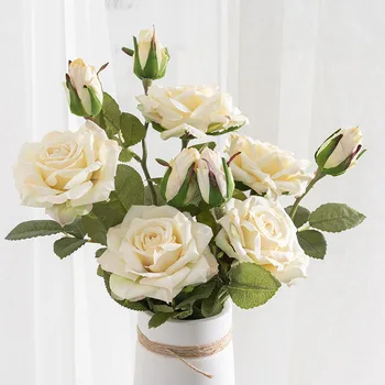 47cm Balta Rožė Dirbtinių Gėlių Puokštė Šilko Didelis Gėlių Galvos su Bud Rudens Namų Vestuvių Dekoravimas Rudenį Netikrą Gėlių Filialas