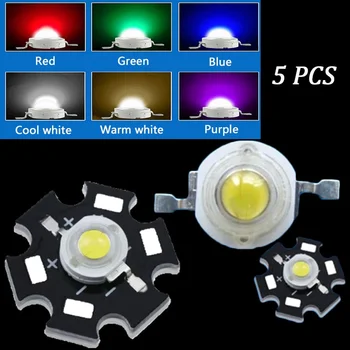 5 VNT 3W High Power Chip Šviesos Granulių Spinduolis LED Lemputė Diodų Lempa su 20mm Star PCB Platine Heatsink(5 Spalvos)