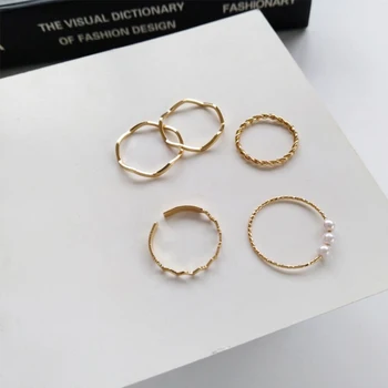 5 Vnt Mados Žiedų Rinkinys Moterims, Papuošalai, Aukso Turas Perlas Paprastumo Minimalistinio Stiliaus Asmenybės Geometrinis Žiedas Vestuves