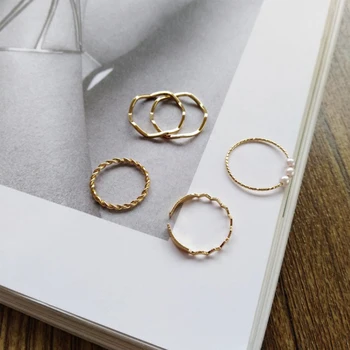5 Vnt Mados Žiedų Rinkinys Moterims, Papuošalai, Aukso Turas Perlas Paprastumo Minimalistinio Stiliaus Asmenybės Geometrinis Žiedas Vestuves