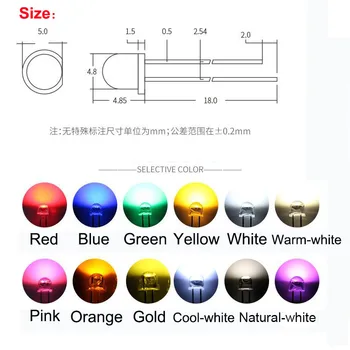 50PCS 5mm Šiaudų Skrybėlę LED Diodų Super Bright White 0.3 W 0,5 W 0.75 W F5 0,5 W Galios Šviesos Diodų Raudona Geltona Žalia Mėlyna Šilta