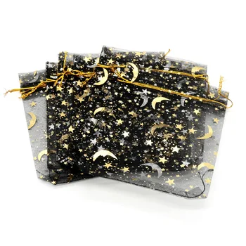 50pcs Marlės maišelį žvaigždę-mėnulį juoda maišai 9*12cm specialios konstrukcijos organza paketo bronzos vestuvių dovana, saldainiai, papuošalai, papuošalai paketas