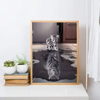 5D Diamond Tapybos Katė Atspindys Tigras Kryželiu Pilna Deimantų, Siuvinėjimo Gyvūnų Mozaikos Vaizdą Strazdų Dekoro Dovana