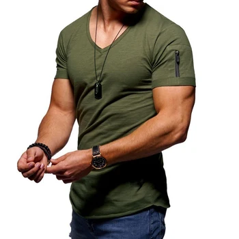 5xl Vyrų vientisos Spalvos Zip Kišenėje V-Kaklo trumpomis Rankovėmis T-shirt Fit Plus Size Tee Viršų