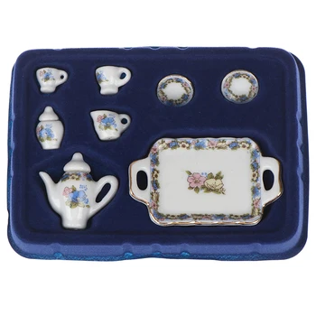 8Pcs Dollhouse Miniature Dining Ware Porcelain Tea Set Dish Cup Plate -White Purple Flower Pattern