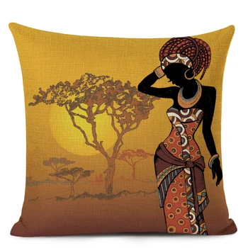 Afrikos Etninės Moteris Pagalvėlė Padengti Afrikos Mergina, Dekoratyvinės Pagalvės užvalkalą Lino Spalvos Medžiaga Mesti Pagalvės Dangtelis Sofa Namų Dekoro