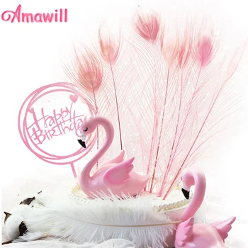 Amawill Pink Flamingo Laimingas Gimtadienio Tortas Topper Povo Plunksna už Flamingo Gimtadienio Cupcake Rėžtuvės Vestuvių Dekoro tvarkos taisyklių 75d