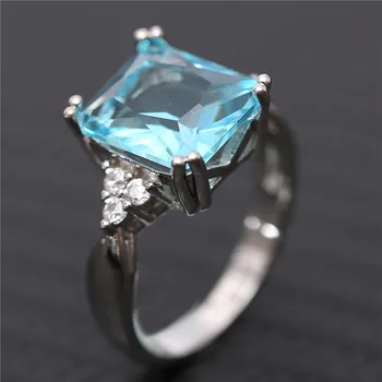 AMORUI Aikštėje Akmens Blue Crystal Clear Žiedai Moterims Užpildyti Kovo Birthstone Cirkonis Žiedai, Vestuvių Papuošalai Meilužis Dovanos