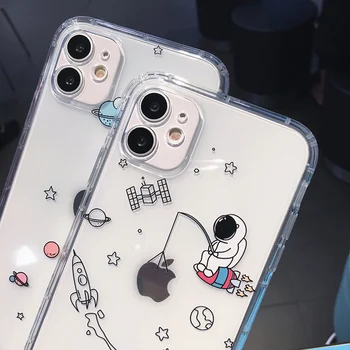 Animacinių filmų Kosmoso atsparus smūgiams Telefono dėklas Skirtas iPhone 11 Pro Max 12 Mini X XR XS Max 7 8 Plus SE 2020 Mielas Astronautas Fundas Galinį Dangtelį