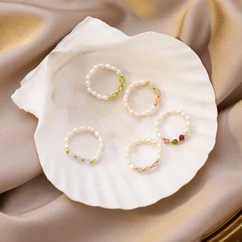 AOMU Retro Kristalų Multi Zawalcowany Pearl Žiedai Natūralių Gėlavandenių Perlų Geometrinis Žiedai Moterims nenutrūkstamus Minimalistinio Žiedas