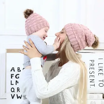 AS Motina Kūdikį Vaikai Atitikimo Mezgimo Vilnos Pom Bobble Skrybėlę, Žiemą Šilta Beanie Kepurė