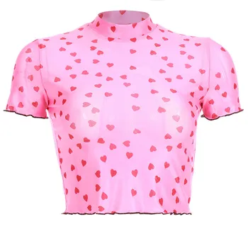 Atsitiktinis Moterų 2020 m. Rožinė Kawaii Apkarpytos Rožinės spalvos Marškinėlius Viršuje Širdies Spausdinti Mielas Drabužius trumpomis Rankovėmis Seksualus Akių Vasaros Marškinėliai